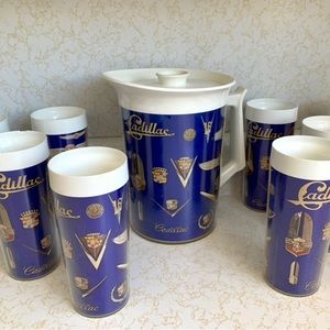 VINTAGE THERMO-SERV WEST END CADILLAC CADDY PITCHER GLASS PLASTIC TUMBLER SET